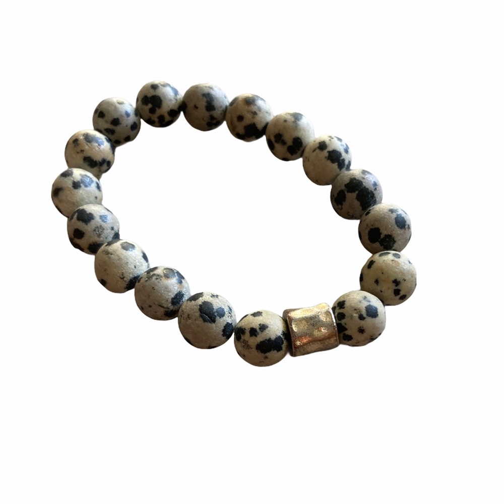 Bead Stretch Slip On Bracelet Gray Navy Black Speckled Beads with Silver Band